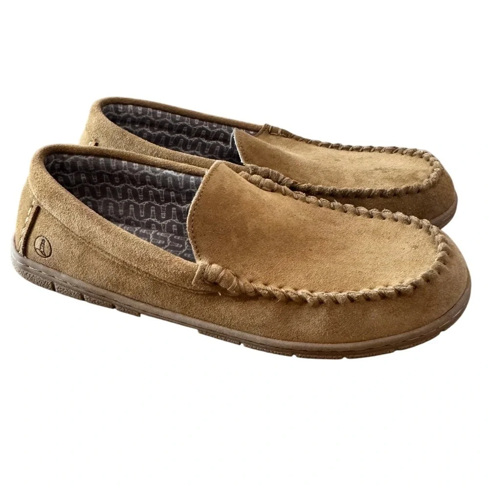 Lands' End Moccasin Slippers Mens 11 Tan Suede Whipstitch Indoor Outdoor